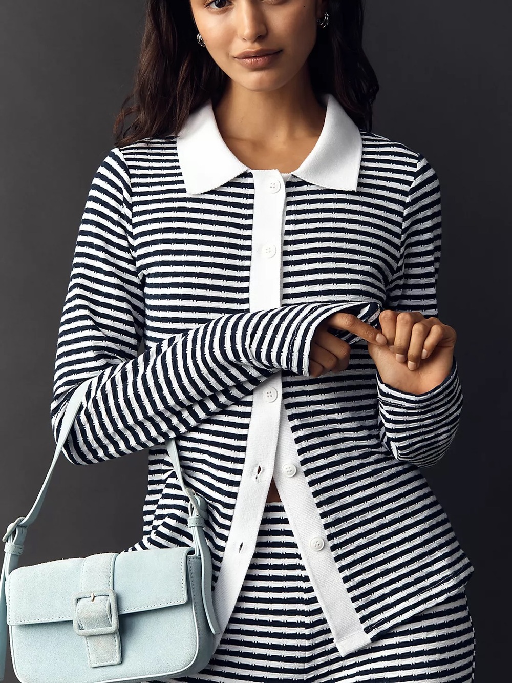 NWT Maeve Long-Sleeve Collared Buttondown Top Knit Petite XS Navy White Stripe